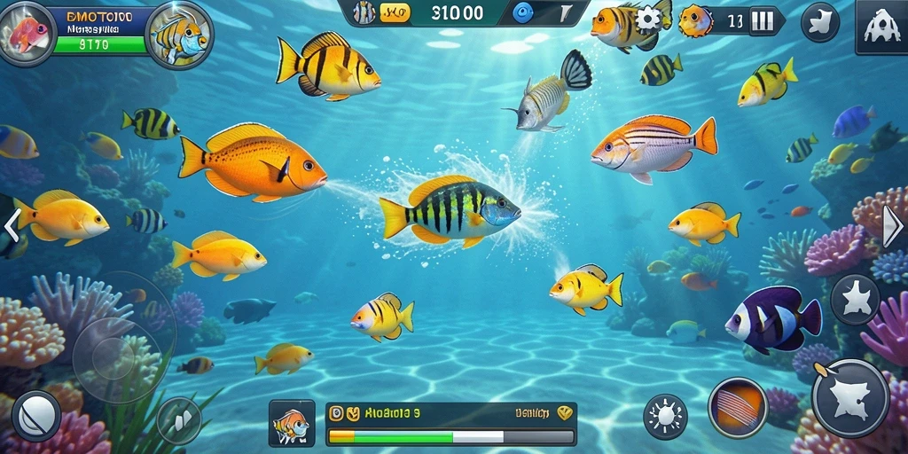 Screenshot dari gameplay FOMOTOTO yang menampilkan aksi menembak ikan.