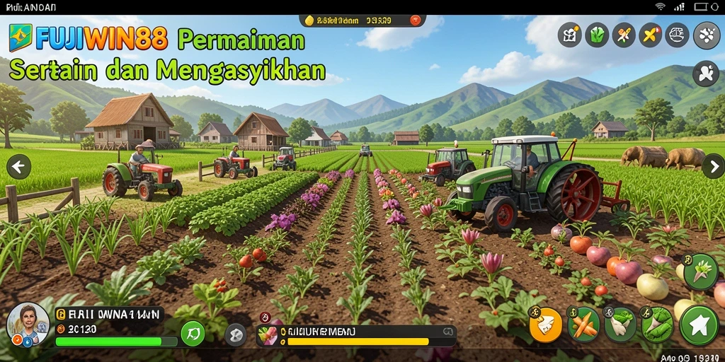 Screenshot gameplay FUJIWIN88 menampilkan ladang yang subur dan berbagai tanaman.