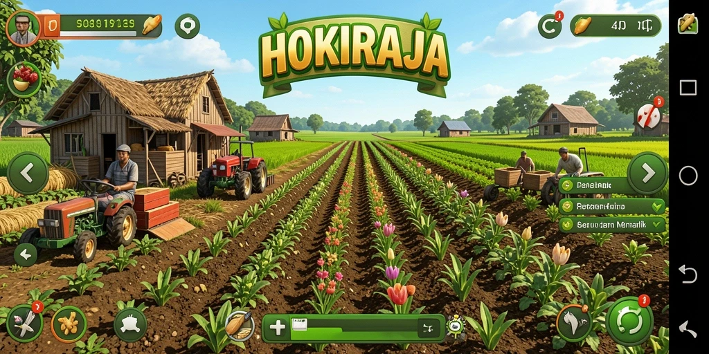 Tampilan gameplay HOKIRAJA saat bertani dengan berbagai tanaman.
