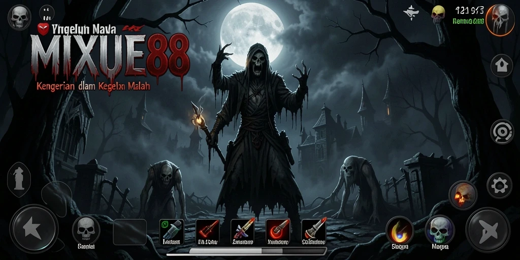 Tangkapan layar gameplay MIXUE88 menunjukkan suasana menakutkan yang mencekam.